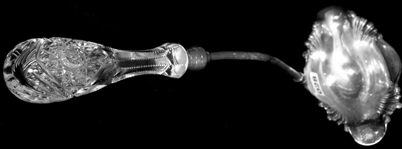 15 1/2" AMERICAN BRILLIANT CUT GLASS PUNCH LADLE: 15 1/2" AMERICAN BRILLIANT CUT GLASS PUNCH LADLE HOBSTAR, STRAWBERRY DIAMOND AND FAN MOTIF - MARKED PAIRPOINT SILVERPLATE DIPPER