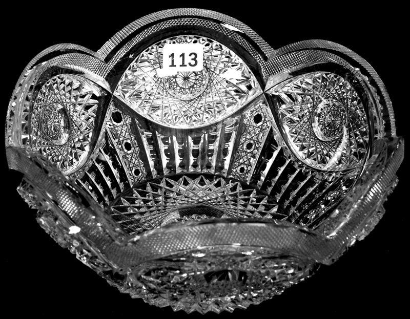 3 1/2" X 7 3/4" AMERICAN BRILLIANT CUT GLASS FLAT: 3 1/2" X 7 3/4" AMERICAN BRILLIANT CUT GLASS FLAT BOTTOM SCALLOPED RIM BOWL LARGE HOBSTAR VESICA WITH CANE, PRISM AND FILE MOTIF - EXTRA CLEAR BLANK