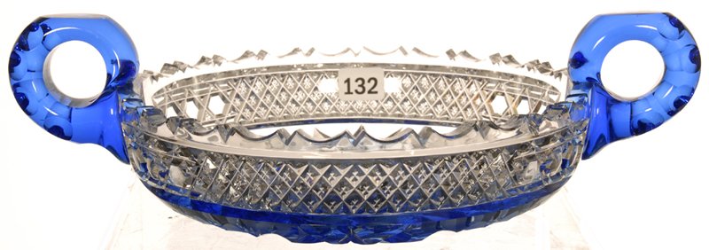 11 1/2" SIGNED FRY AMERICAN BRILLIANT CUT GLASS TWO: 11 1/2" SIGNED FRY AMERICAN BRILLIANT CUT GLASS TWO HANDLED LOW BOWL EXPERIMENTAL BLUE FLASH CENTER WITH DARK BLUE APPLIED HANDLES - ENGRAVED FLORAL WITH CROSSCUT DIAMOND BORDER - HAS ONE OUTSIDE RIM 