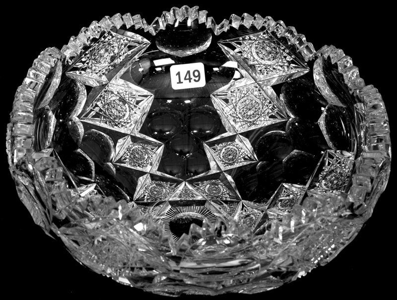 4 1/4" X 8 1/2" SIGNED HAWKES AMERICAN BRILLIANT CUT: 4 1/4" X 8 1/2" SIGNED HAWKES AMERICAN BRILLIANT CUT GLASS ROLLED RIM BOWL QUEENS PATTERN - TWO SERIOUS TOOTH CHIPS