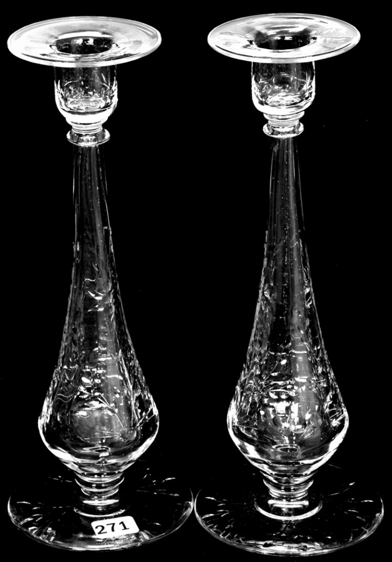 PAIR 10 3/8" SIGNED LIBBEY AMERICAN BRILLIANT CUT GLASS: PAIR 10 3/8" SIGNED LIBBEY AMERICAN BRILLIANT CUT GLASS CANDLESTICK HOLDERS ENGRAVED FLORAL MOTIF