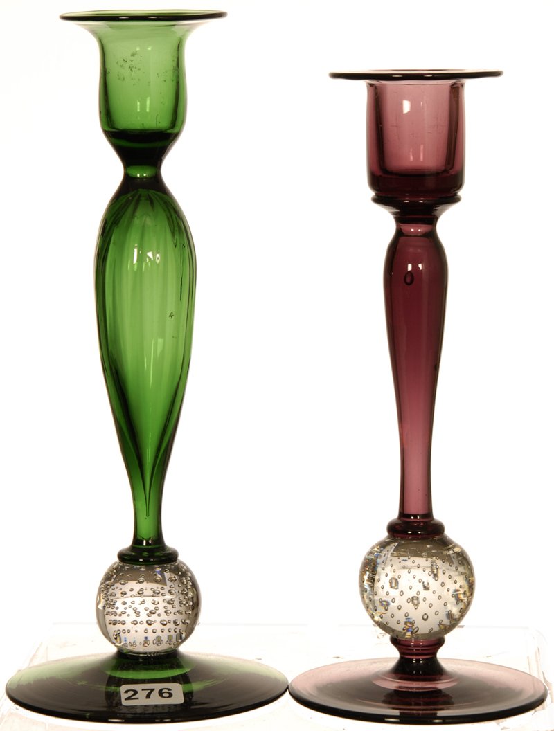 (2) AMERICAN BRILLIANT CUT GLASS PAIRPOINT COLORED: (2) AMERICAN BRILLIANT CUT GLASS PAIRPOINT COLORED CANDLESTICK HOLDERS (1) 10" GREEN - (1) 9" LAVENDER
