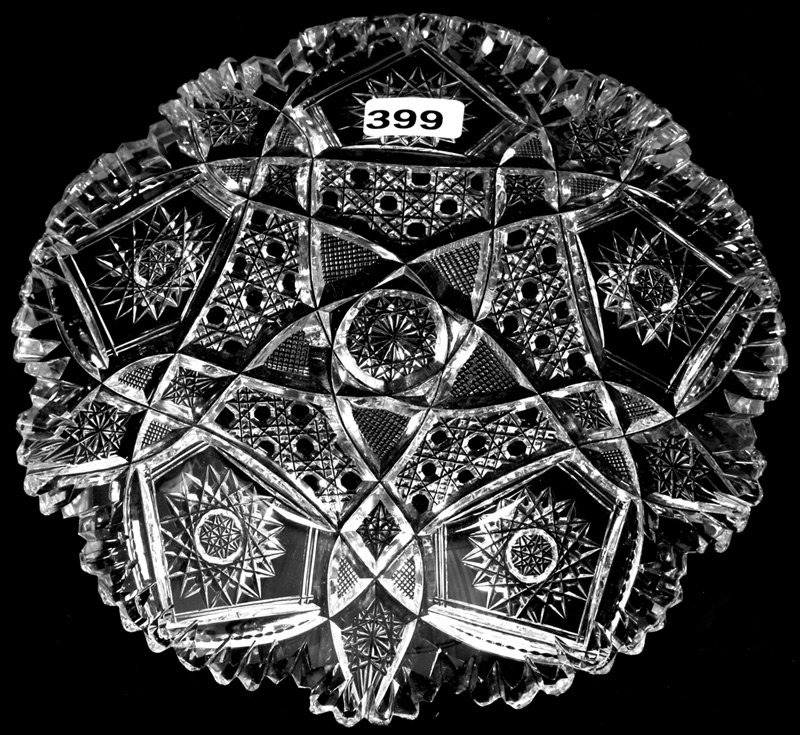7" AMERICAN BRILLIANT CUT GLASS PLATE: 7" AMERICAN BRILLIANT CUT GLASS PLATE HOBSTAR, CANE AND VESICA MOTIF - SIGNED WITH LIBBEY BLANK MARK (STAR IN CIRCLE) - MINOR TOOTH ROUGHNESS