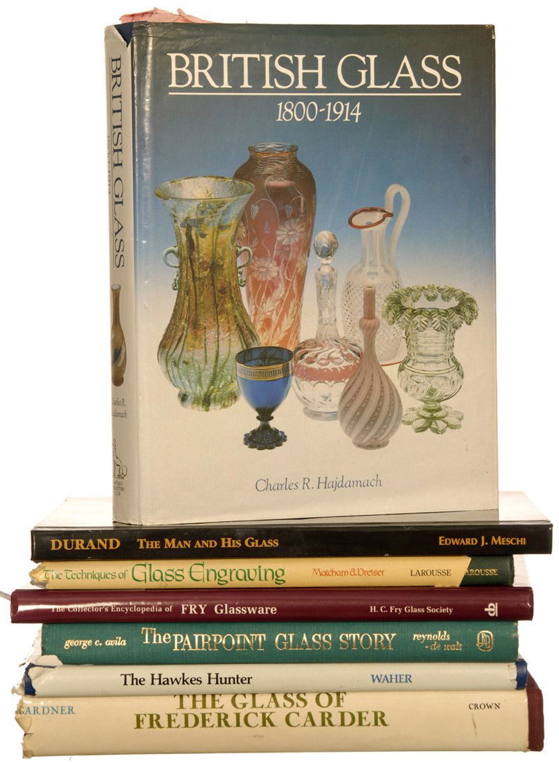 (7) GLASS BOOKS: (7) GLASS BOOKS (1) "THE TECHNIQUES OF GLASS ENGRAVING" BY MATCHAM & DREISER; (1) "THE COLLECTOR'S ENCYCLOPEDIA OF FRY GLASSWARE" BY H.C. FRY GLASS SOCIETY; (1) "THE PAIRPOINT GLASS STORY" BY AVILA; (