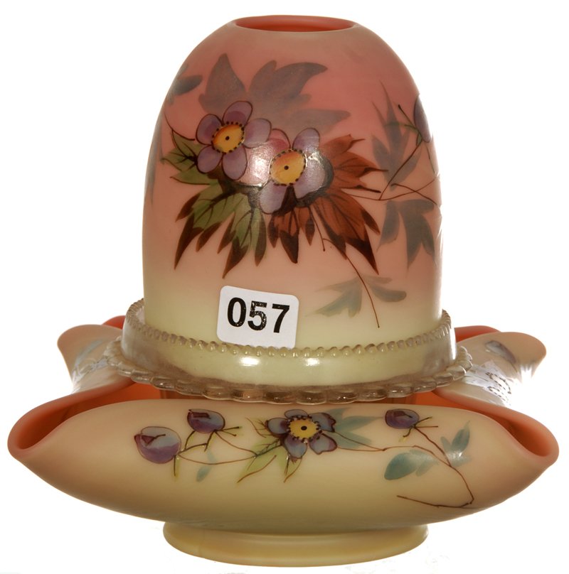 6" SIGNED THOMAS WEBB & SONS "QUEEN'S BURMESE": 6" SIGNED THOMAS WEBB & SONS "QUEEN'S BURMESE" DECORATED FAIRY LAMP SQUARE FOLDED BASE WITH FLORAL DECOR MATCHING SHADE - CLEAR CLARKE INSERT