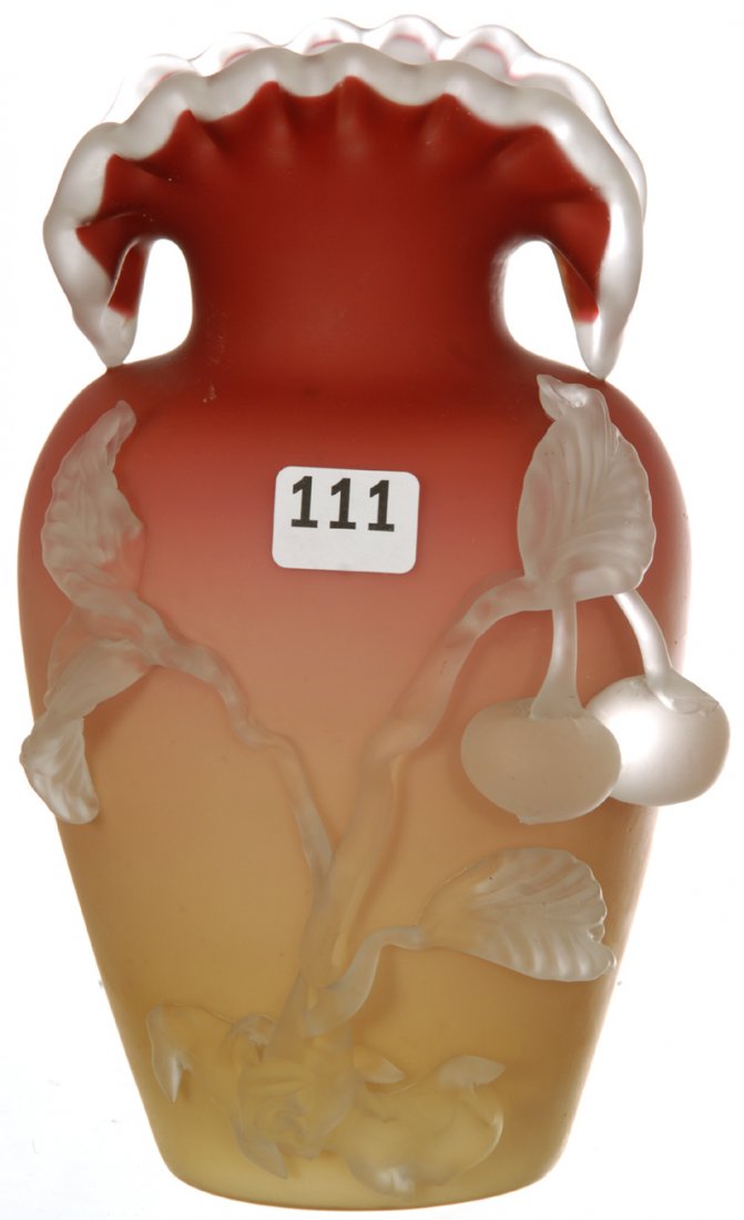 7" STEVENS AND WILLIAMS PEACHBLOW SATIN ART GLASS VASE: 7" STEVENS AND WILLIAMS PEACHBLOW SATIN ART GLASS VASE APPLIED FROSTED GLASS LEAF, BRANCH AND CHERRY DECOR