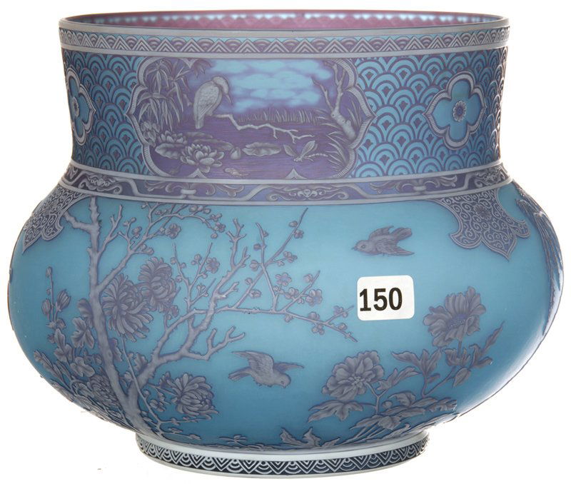 BEAUTIFUL 6 3/4" X 7" SIGNED "THOMAS WEBB & SONS GEM: BEAUTIFUL 6 3/4" X 7" SIGNED "THOMAS WEBB & SONS GEM CAMEO" THREE COLOR VASE SOFT BLUE BACKGROUND WITH PINK AND WHITE CARVED CAMEO OVERLAY - FINEST DETAIL - FEATURES FLOWERING TREES, FLYING BIRDS - TH