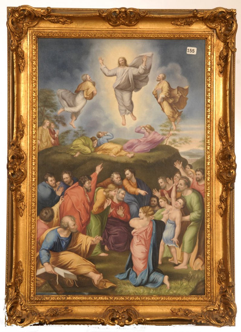 23 1/2" X 15 3/4" UNMARKED BERLIN PORCELAIN PLAQUE: 23 1/2" X 15 3/4" UNMARKED BERLIN PORCELAIN PLAQUE SCENE FEATURES CHRIST AND TWENTY-SIX FIGURES INCLUDING TWO ANGELS - PICTURE IS AFTER THE SCENE IN THE VATICAN GALLERY PAINTED BY RAPHAEL AND ROMANO -