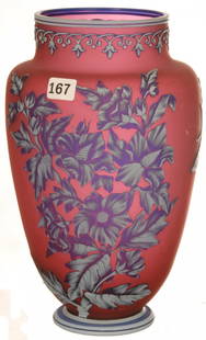 9 1/2" SIGNED "THOMAS WEBB & SONS" ENGLISH CAMEO VASE: 9 1/2" SIGNED "THOMAS WEBB & SONS" ENGLISH CAMEO ART GLASS VASE CRANBERRY BACKGROUND WITH BLUE AND WHITE FLORAL DECOR CARVED OVERLAY - TWO BUTTERFLIES FEATURED ON REVERSE - HIGHEST QUALITY