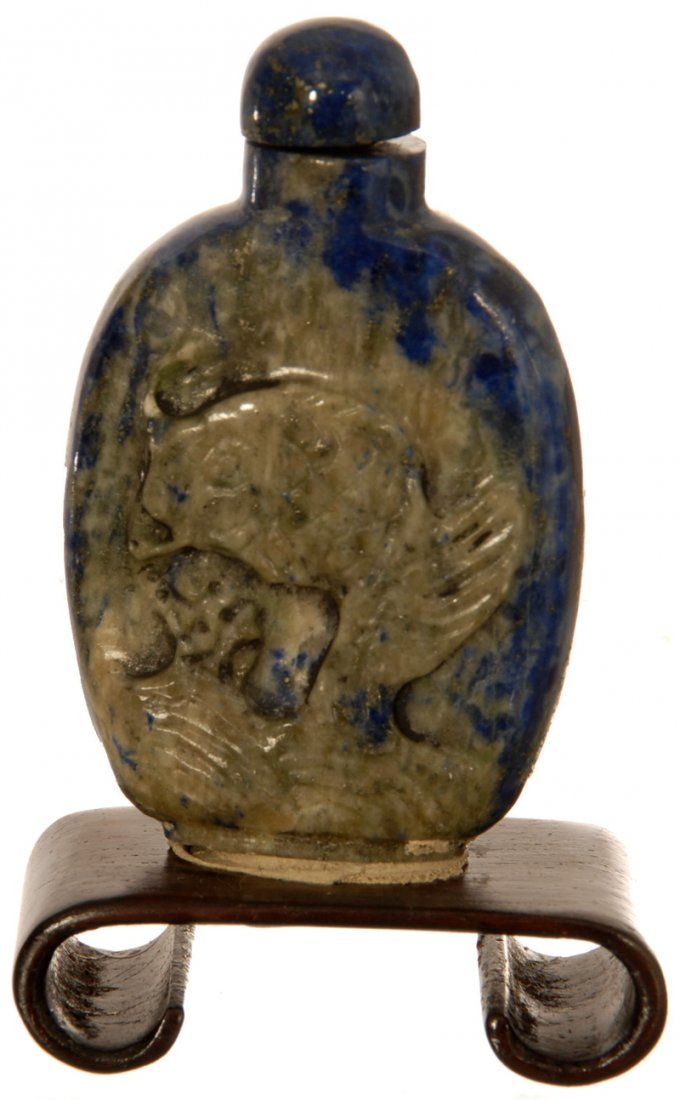 2" BLUE STONE LAPIS CARVED ORIENTAL SNUFF BOTTLE: 2" BLUE STONE LAPIS CARVED ORIENTAL SNUFF BOTTLE FISH DESIGN - ORIGINAL STOPPER