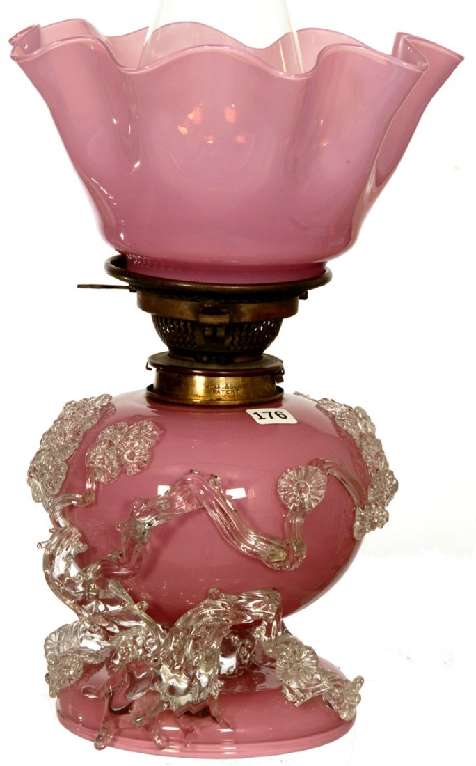 13 1/2" STEVENS AND WILLIAMS MAT-SU-NO-KE KEROSENE LAMP: 13 1/2" STEVENS AND WILLIAMS MAT-SU-NO-KE KEROSENE LAMP PINK OPAQUE BODY WITH EXTENSIVE CLEAR APPLIED TREE BRANCH AND BLOSSOM DECOR - MATCHING PINK OPAQUE RUFFLED SHADE