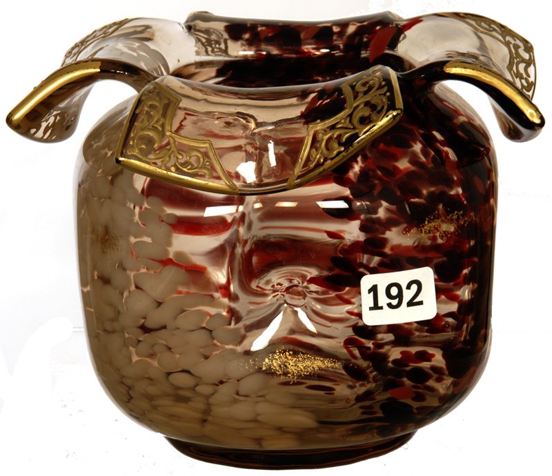 5" X 6" SIGNED "E. LEVILLE PARIS" TORTOISE SHELL ART: 5" X 6" SIGNED "E. LEVILLE PARIS" TORTOISE SHELL ART GLASS VASE FOUR DIMPLED SIDES WITH FLARED RIM - GOLD ENAMEL HIGHLIGHTS
