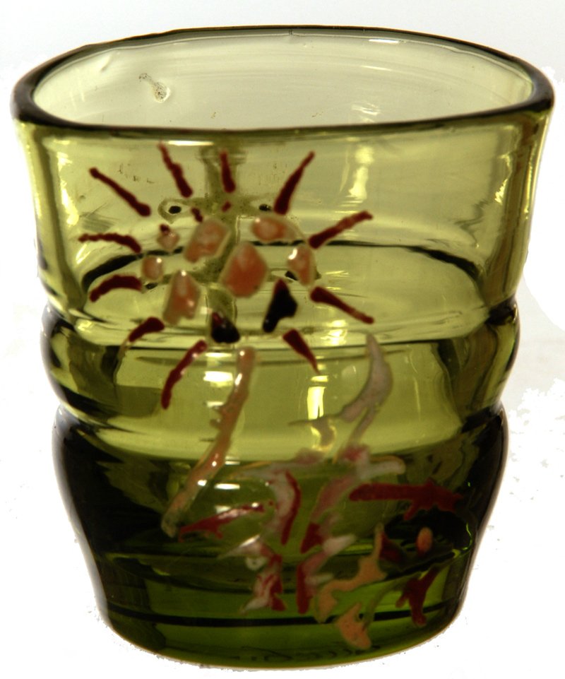 1 3/4" SIGNED "E. GALLE" GREEN ART GLASS OVAL TOOTHPICK: 1 3/4" SIGNED "E. GALLE" GREEN ART GLASS OVAL TOOTHPICK HOLDER ENAMEL THISTLE DECOR WITH CROSS OF LORRAINE ON REVERSE