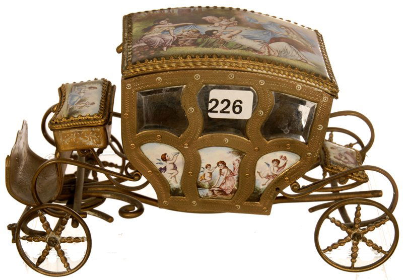 4 1/2" X 8" FRENCH ENAMEL FIGURAL CARRIAGE JEWEL BOX: 4 1/2" X 8" FRENCH ENAMEL FIGURAL CARRIAGE JEWEL BOX WITH MUSIC MECHANISM NINE CLASSICAL SCENE ENAMEL PLAQUES SET INTO BRASS FRAME CARRIAGE - EIGHT BEVELED GLASS WINDOWS - TOP OF CARRIAGE HINGES OPEN