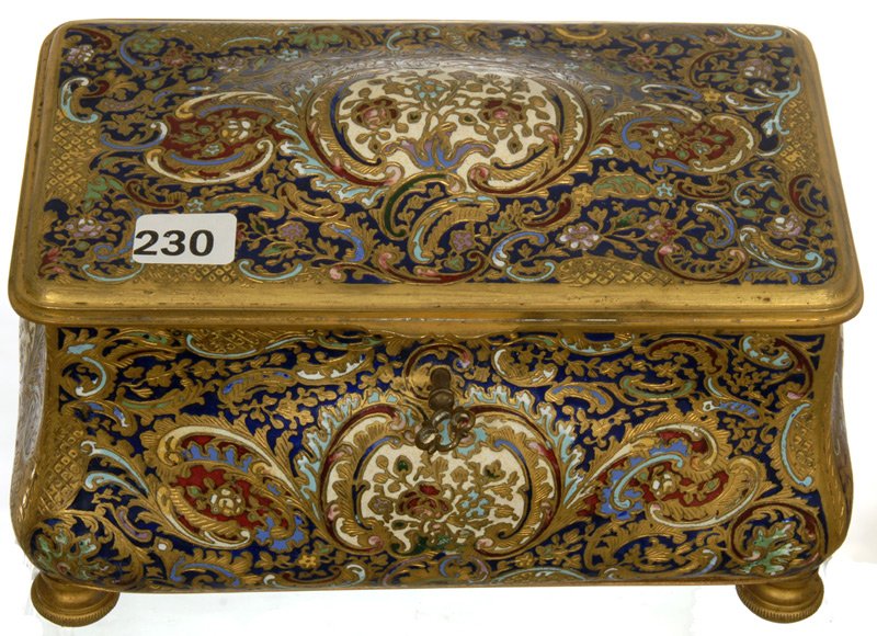 ELEGANT 4 1/2" X 7 1/2" MARKED "MADE IN FRANCE" HINGED: ELEGANT 4 1/2" X 7 1/2" MARKED "MADE IN FRANCE" HINGED CHAMPLEVE DRESSER BOX FINE FLORAL DESIGN - GREAT CONDITION - ORIGINAL LINING - ORIGINAL KEY