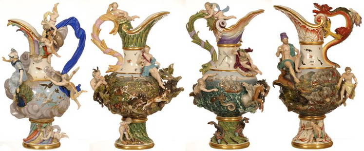 MEISSEN ELEMENTAL SERIES - MUSEUM QUALITY SET OF (4): MEISSEN ELEMENTAL SERIES - MUSEUM QUALITY SET OF (4) PEDESTAL HANDLED EWERS APPROXIMATELY 25" HEIGHT FEATURING EARTH, WIND, FIRE AND WATER - ALL WITH TRADITIONAL MEISSEN BLUE CROSSED SWORDS MARK - (1)