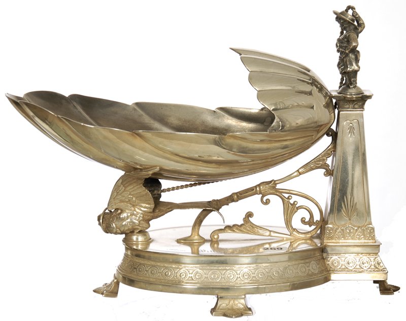 10" X 13" MERIDEN #1526 FIGURAL SILVERPLATE STAND: 10" X 13" MERIDEN #1526 FIGURAL SILVERPLATE STAND FEATURES YOUNG GIRL HOLDING LEAD AROUND BIRD WHICH IS HOLDING SHELL SHAPED BOWL ON BACK - ENGRAVED "FROM WILLIE AND DELLA"
