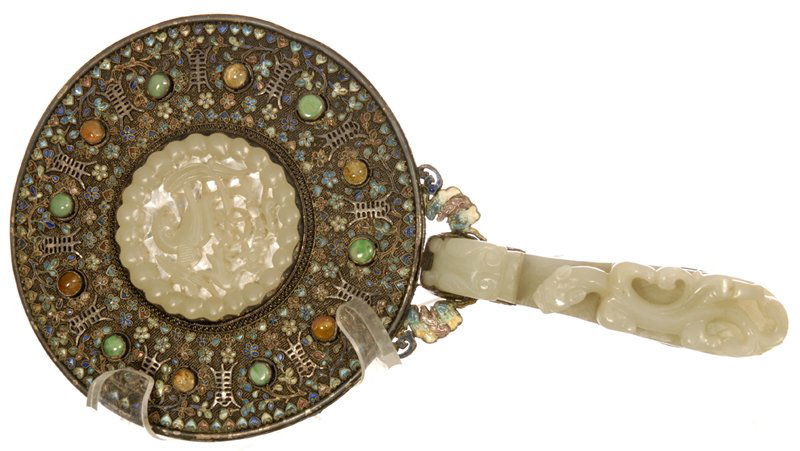 9 1/2" EARLY ORIENTAL HAND MIRROR: 9 1/2" EARLY ORIENTAL HAND MIRROR INTRICATE ENAMEL HIGHLIGHTS WITH INSET JEWELS - CARVED WHITE JADE MEDALLION CENTER AND FIGURAL DRAGON HANDLE - VERY NICE