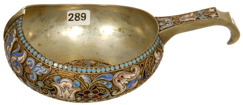 3" X 8" RUSSIAN ENAMEL KOVSH: 3" X 8" RUSSIAN ENAMEL KOVSH FINE SILVER AND ENAMEL KOVSH - FANTASTIC RUSSIAN ENAMEL EXTERIOR, HANDLE AND INTERIOR CENTER - CYRILLIC MAKER'S MARK