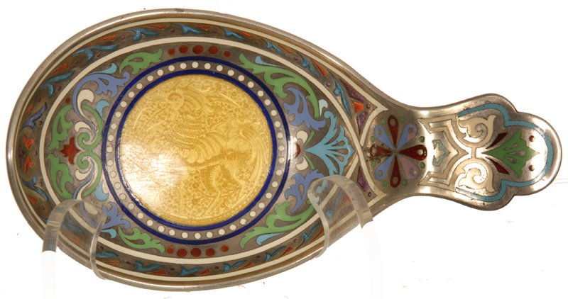 6" SILVER AND CHAMPLEVE ENAMEL KOVSH: 6" SILVER AND CHAMPLEVE ENAMEL KOVSH CYRILLIC MAKER'S MARK UNDER IMPERIAL WARRANT