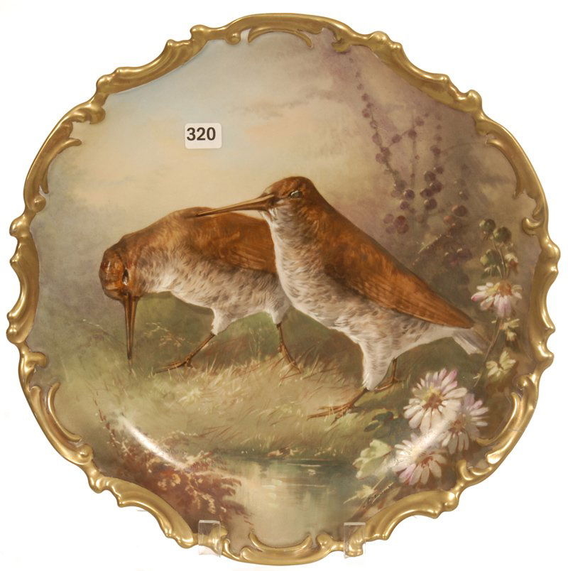 13" SIGNED LIMOGES ROUND CHARGER: 13" SIGNED LIMOGES ROUND CHARGER SCENIC GAME BIRD DECOR FEATURING WOOD COCKS - ARTIST SIGNED "DUBOIS" - PIERCED FOR HANGING