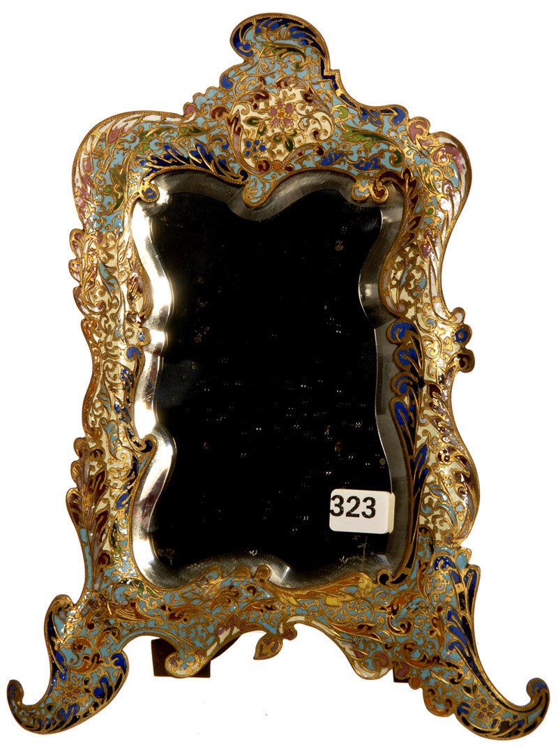 11" X 8" FRENCH CHAMPLEVE ENAMEL BOUDOIR MIRROR: 11" X 8" FRENCH CHAMPLEVE ENAMEL BOUDOIR MIRROR NICE COLORFUL FLORAL BORDER - ORIGINAL SHAPED BEVELED MIRROR