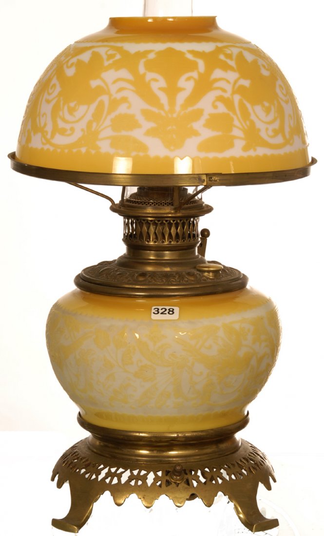 16 1/2" MT. WASHINGTON CAMEO ART GLASS LAMP: 16 1/2" MT. WASHINGTON CAMEO ART GLASS LAMP WHITE WITH YELLOW CARVED CAMEO DECOR FEATURING BIRD AND FOLIAGE - SHADE AND MATCHING BASE - ELECTRIFIED - TOP OF SHADE HAS BEEN TRIMMED DOWN