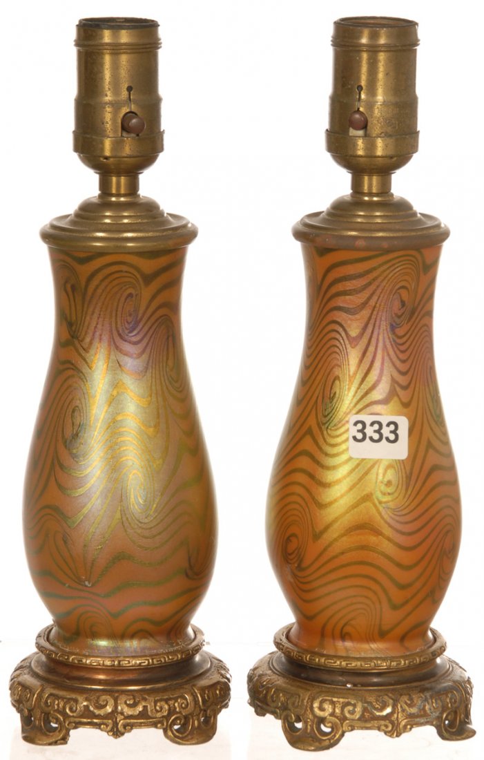 PAIR 10 1/2" UNMARKED QUEZAL ART GLASS LAMP BASES: PAIR 10 1/2" UNMARKED ART GLASS LAMP BASES "KING TUT" PATTERN ATTRIBUTED TO DURAND - GOLD IRIDESCENT WITH GREEN SWIRL DESIGN - ELECTRIFIED BUT NO CORDS