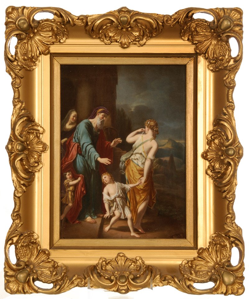 11" X 9" MARKED "KPM" PORCELAIN PLAQUE: 11" X 9" MARKED "KPM" PORCELAIN PLAQUE SCENE OF ABRAHAM SENDING HAGAR AND ISHMAEL AWAY WHILE SARAH AND ISAAC LOOK ON - 17" X 14" OVERALL GILT WOODEN FRAME - NICE QUALITY