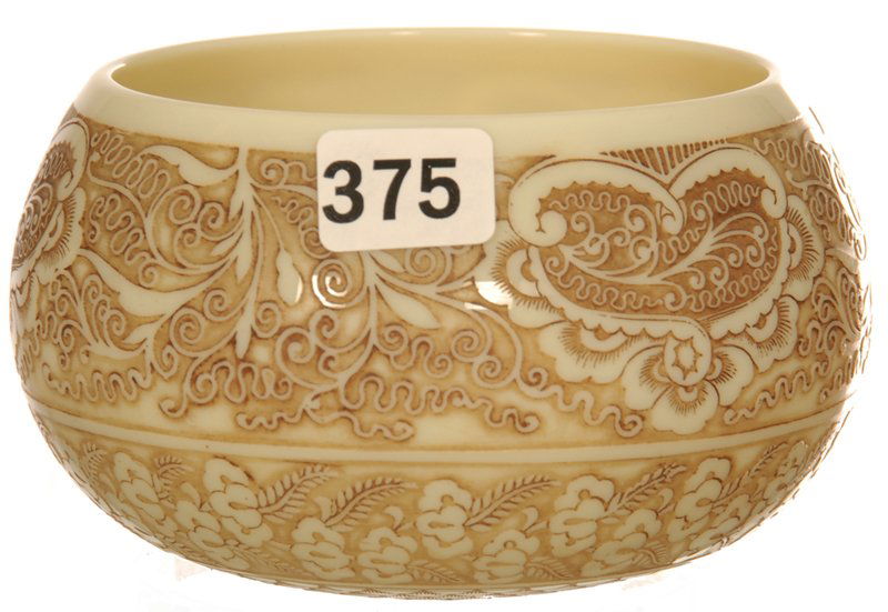 2 1/2" X 4" SIGNED "THOMAS WEBB & SONS LIMITED" ENGLISH: 2 1/2" X 4" SIGNED "THOMAS WEBB & SONS LIMITED" ENGLISH "IVORY" CAMEO BOWL HIGHLY DECORATIVE CARVED FLORAL DESIGN
