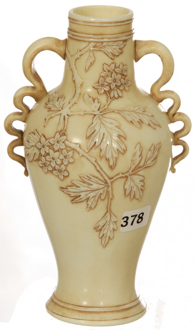 7 3/4" SIGNED "THOMAS WEBB & SONS" ENGLISH "IVORY": 7 3/4" SIGNED "THOMAS WEBB & SONS" ENGLISH "IVORY" CAMEO HANDLED ART GLASS VASE BRANCH AND BLOSSOM CARVED CAMEO DECOR
