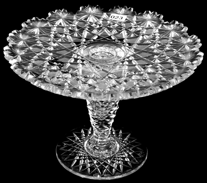 6 3/4" X 10" AMERICAN BRILLIANT CUT GLASS TWO-PART CAKE: 6 3/4" X 10" AMERICAN BRILLIANT CUT GLASS TWO-PART CAKE STAND MODIFIED RUSSIAN PATTERN - ST. LOUIS DIAMOND TEARDROP STEM - LARGE HOBSTAR CUT FOOT - ONE TOOTH CHIP
