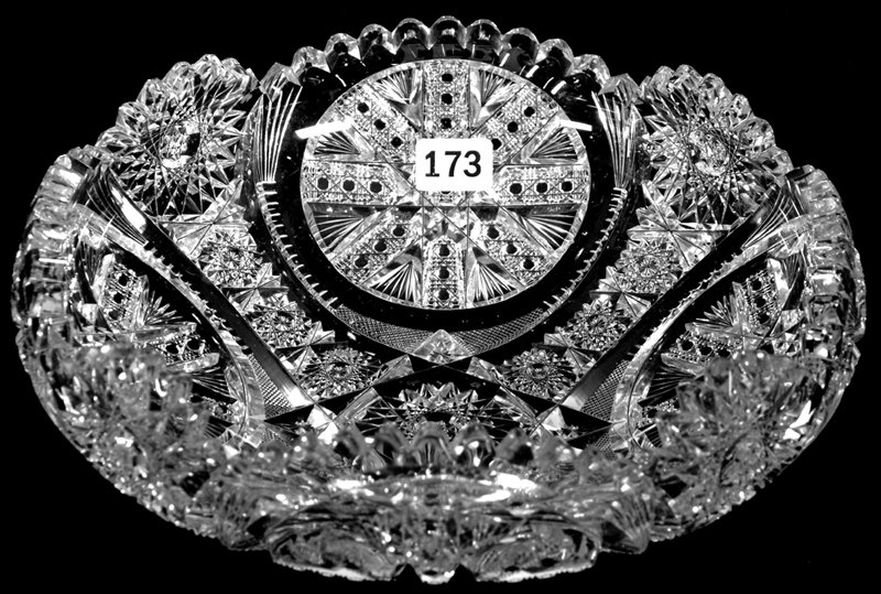3" X 8 1/2" SIGNED FRY AMERICAN BRILLIANT CUT GLASS: 3" X 8 1/2" SIGNED FRY AMERICAN BRILLIANT CUT GLASS ROLLED RIM BOWL CHICAGO PATTERN - EXCELLENT QUALITY