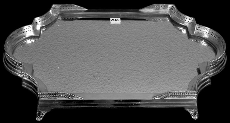 2 1/2" X 17" MIRROR PLATEAU WITH SILVERPLATE FRAME: 2 1/2" X 17" MIRROR PLATEAU WITH SILVERPLATE FRAME UNIQUE SHAPE WITH PIERCED "FENCE" BORDER