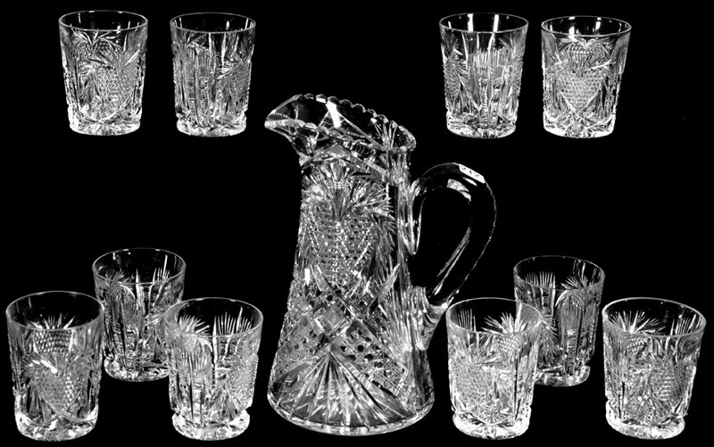 10" AMERICAN BRILLIANT CUT GLASS WATER PITCHER BY FRY &: 10" AMERICAN BRILLIANT CUT GLASS WATER PITCHER BY FRY & (10) MATCHING TUMBLERS HEART PATTERN - SLIGHT HEIGHT & COLOR VARIATION BETWEEN TUMBLERS