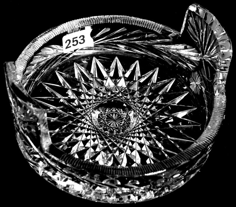 3" X 6 1/4" AMERICAN BRILLIANT CUT GLASS TAB HANDLED: 3" X 6 1/4" AMERICAN BRILLIANT CUT GLASS TAB HANDLED LEMON DISH LARGE HOBSTAR CENTER WITH WREATH DECOR
