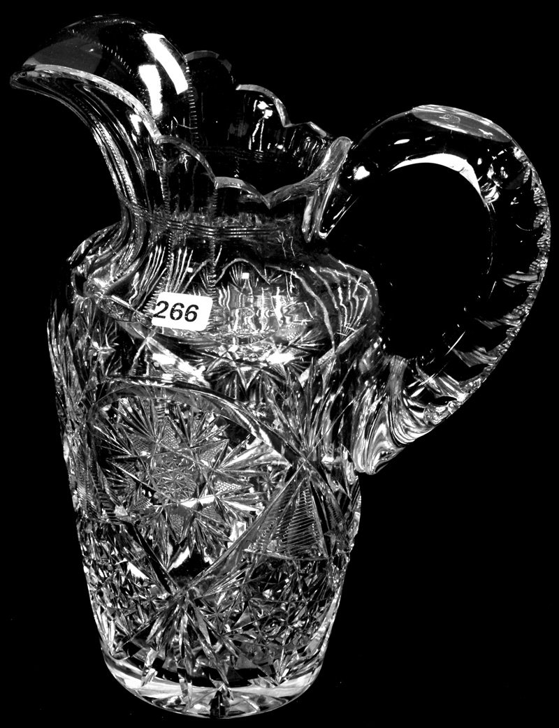 11 1/4" AMERICAN BRILLIANT CUT GLASS TALL WATER JUG: 11 1/4" AMERICAN BRILLIANT CUT GLASS TALL WATER JUG FLASHED HOBSTAR, STAR, NOTCHED FAN AND FAN MOTIF - DOUBLE NOTCHED AND CROSSHATCHED HANDLE