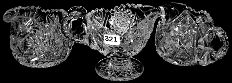 (3) MISCELLANEOUS AMERICAN BRILLIANT CUT GLASS CREAMERS: (3) MISCELLANEOUS AMERICAN BRILLIANT CUT GLASS CREAMERS (1) TOKYO PATTERN BY PITKIN & BROOKS - (1) HOBSTAR AND SUNBURST MOTIF - (1) ANGELO PATTERN BY FRY, SIGNED, PEDESTAL