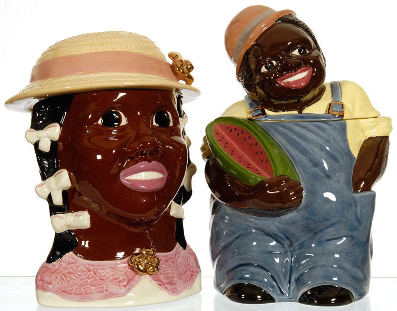 (2) FIGURAL BLACK MEMORABILIA COOKIE JARS BY CAROL: (2) FIGURAL BLACK MEMORABILIA COOKIE JARS BY CAROL GIFFORD (1) YOUNG GIRL WITH STRAW HAT - (1) MAN HOLDING WATERMELON