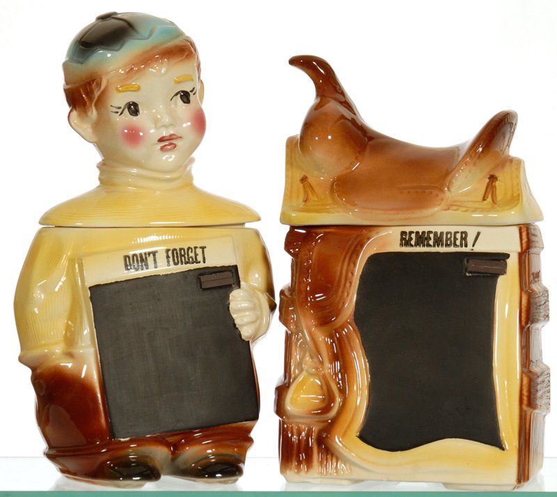 (2) FIGURAL COOKIE JARS WITH CHALK BOARD FRONTS: (2) FIGURAL COOKIE JARS WITH CHALK BOARD FRONTS (1) 13" YOUNG BOY - (1) 12" SADDLE