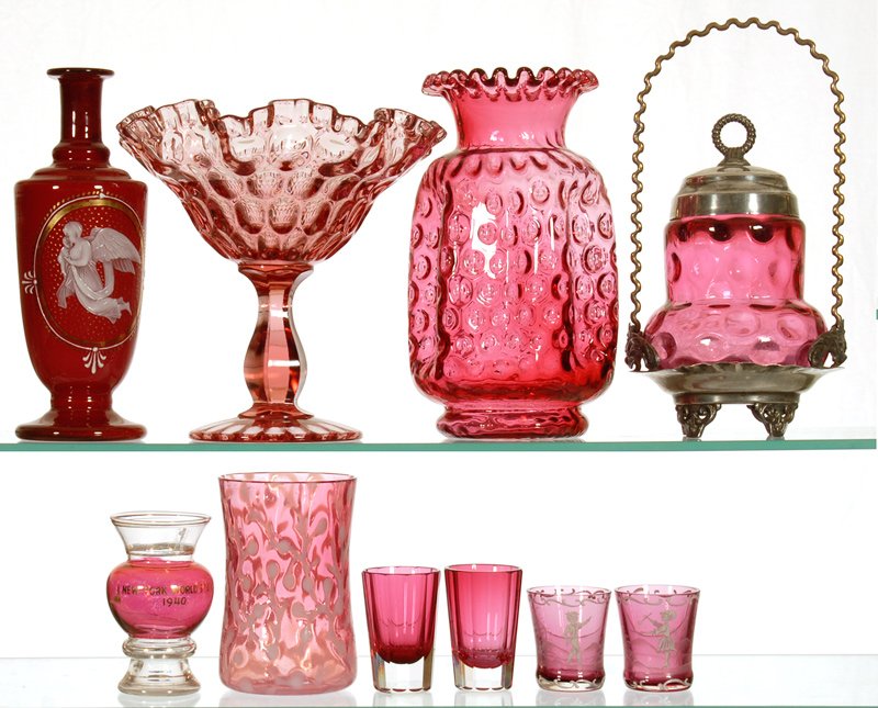 BOXED LOT - (10) CRANBERRY ART GLASS ITEMS: BOXED LOT - (10) CRANBERRY ART GLASS ITEMS 9" PICKLE CASTER - 8" COINSPOT VASE - 4 3/4" OPALESCENT CORAL PATTERN SPOONER - SHOT GLASSES - AND MORE