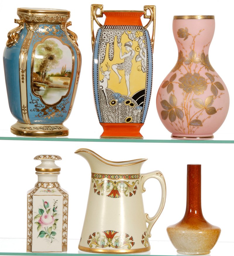 (6) ASSORTED ITEMS: (6) ASSORTED ITEMS 9 1/2" NORITAKE VASE - 9" NIPPON VASE - 9" MARKED PINK SATIN WITH GOLD DECOR - AND MORE