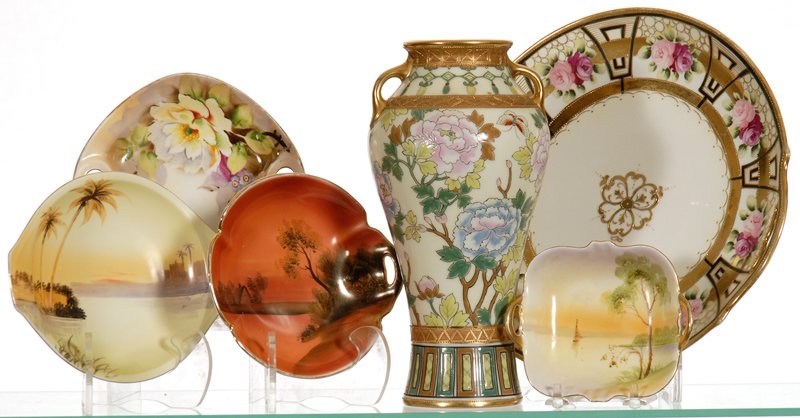 BOXED LOT - (6) NIPPON & NIPPON STYLE ITEMS: BOXED LOT - (6) NIPPON & NIPPON STYLE ITEMS 9 1/2" VASE - 10" CAKE PLATE - (4) DISHES
