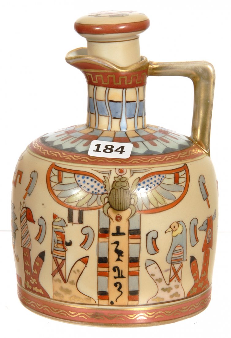 6 1/4" MARKED NIPPON WHISKEY JUG WITH ORIGINAL STOPPER: 6 1/4" MARKED NIPPON WHISKEY JUG WITH ORIGINAL STOPPER EGYPTIAN MOTIF