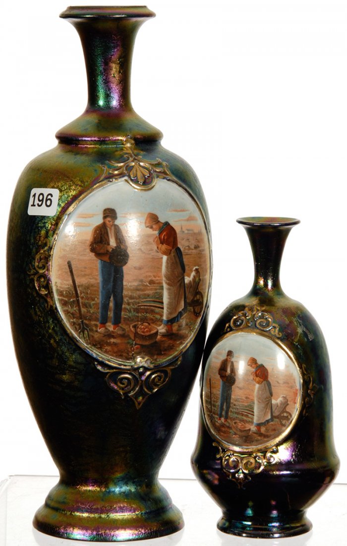 (2) HIGHLY IRIDESCENT UNMARKED AUSTRIA VASES WITH: (2) HIGHLY IRIDESCENT UNMARKED AUSTRIA VASES WITH POTATO DIGGERS DECOR 7 1/4" AND 12"