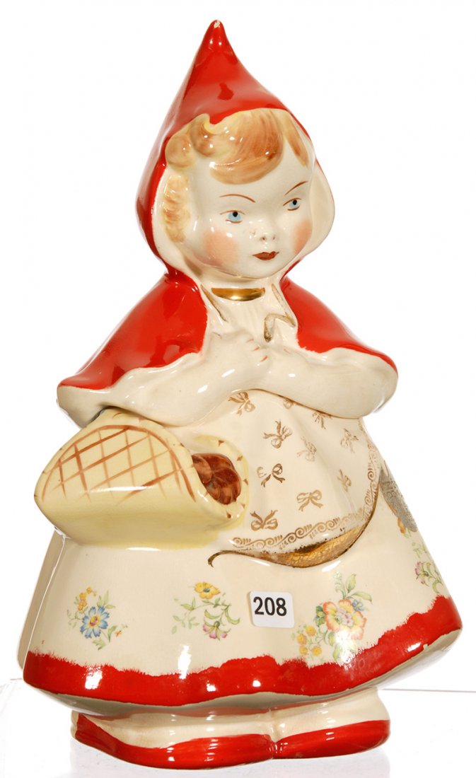 13" EARLY HULL POTTERY LITTLE RED RIDING HOOD COOKIE: 13" EARLY HULL POTTERY LITTLE RED RIDING HOOD COOKIE JAR SMALL CHIP AT TIP OF HOOD