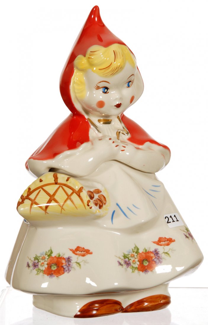 13" HULL POTTERY FIGURAL LITTLE RED RIDING HOOD COOKIE: 13" HULL POTTERY FIGURAL LITTLE RED RIDING HOOD COOKIE JAR INTERIOR RIM CHIP & INTERIOR LID HOLE