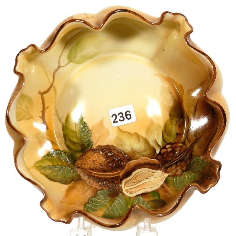3" X 7 1/2" NORITAKE CABBAGE SHAPED BOWL: 3" X 7 1/2" NORITAKE CABBAGE SHAPED BOWL BROWN TONES WITH NUT & LEAF DECOR