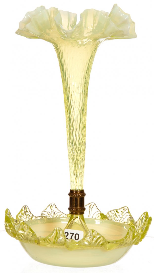 11 1/2" VASELINE OPALESCENT EPERGNE: 11 1/2" VASELINE OPALESCENT EPERGNE