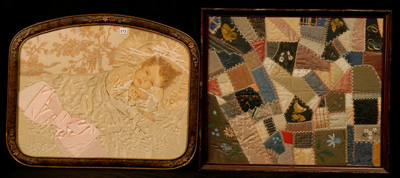 (2) FRAMED VINTAGE ITEMS: (2) FRAMED VINTAGE ITEMS (1) 18" X 22" RIBBON PICTURE FEATURING CHILD LYING IN BED WITH REAL CURLS OF HAIR - (1) 19" X 22" CRAZY QUILT